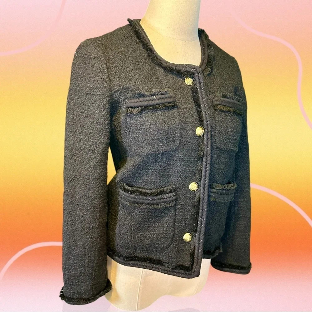 J. Crew Black Wool-Blend Tweed Gold Button-Front Patch Pocket Lady Jacket Size 0